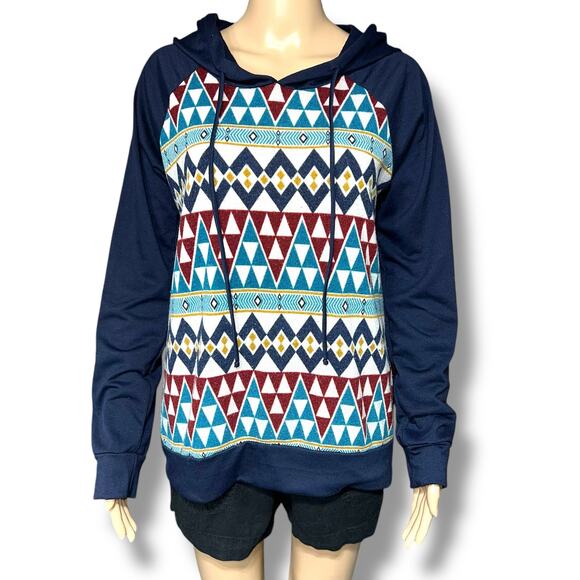 PS Kate Womens Hoodie Lightweight Hooded Sweatshirt Pullover Geo Print Medium - Picture 1 of 8